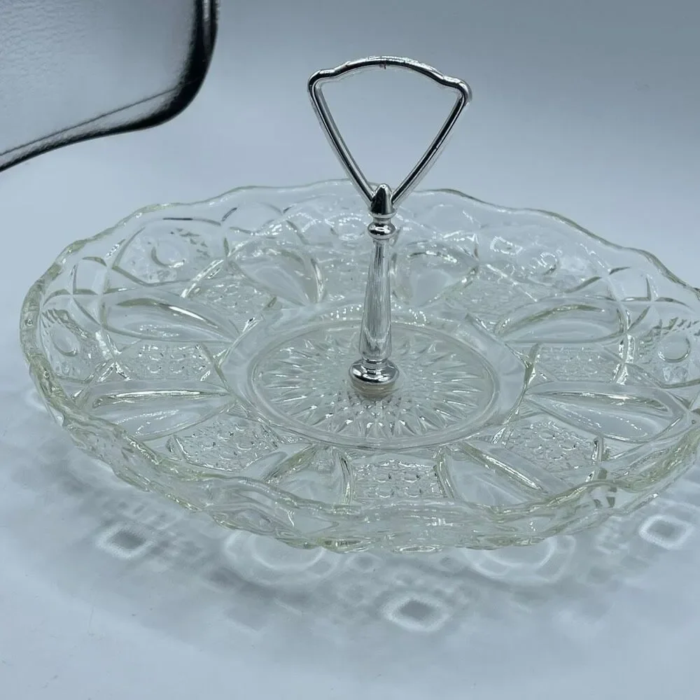 Fostoria Tiara glass single-tier serving tray scalloped edge silver colored hand